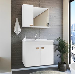 Conjunto Tirare 600 Gabinete Suspenso Madeira com Espelheira e Pia Branco